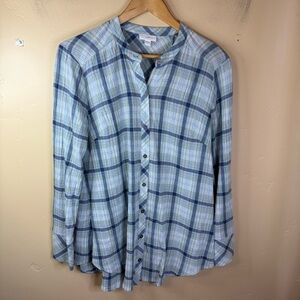 J Jill Blue Plaid Button Front Top Blouse Size Small Long‎ Sleeve Cotton Blend